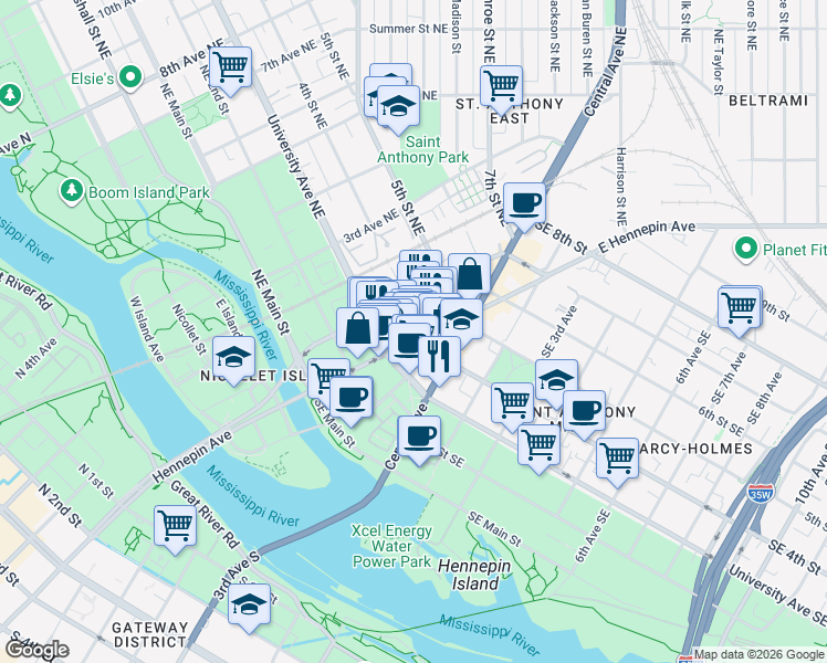 map of restaurants, bars, coffee shops, grocery stores, and more near 322 East Hennepin Avenue in Minneapolis