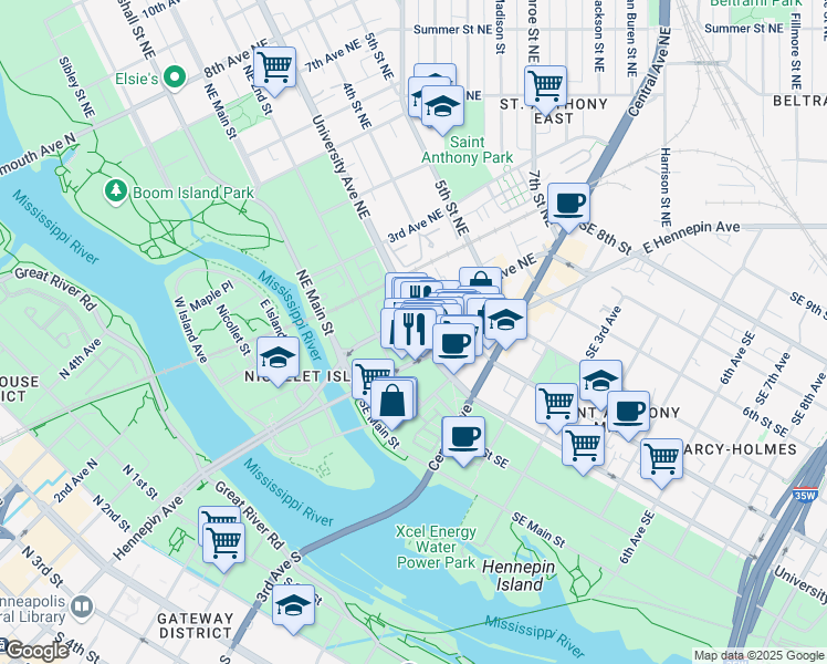 map of restaurants, bars, coffee shops, grocery stores, and more near 233 East Hennepin Avenue in Minneapolis