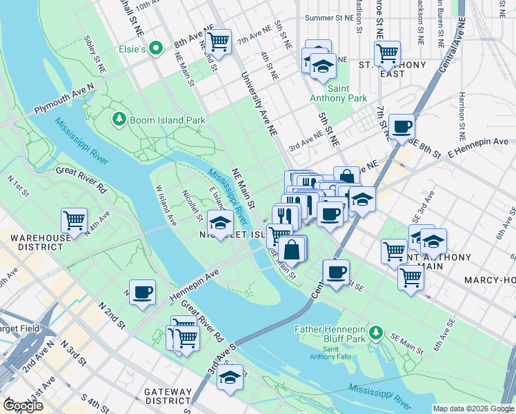 map of restaurants, bars, coffee shops, grocery stores, and more near 100 1st Avenue Northeast in Minneapolis