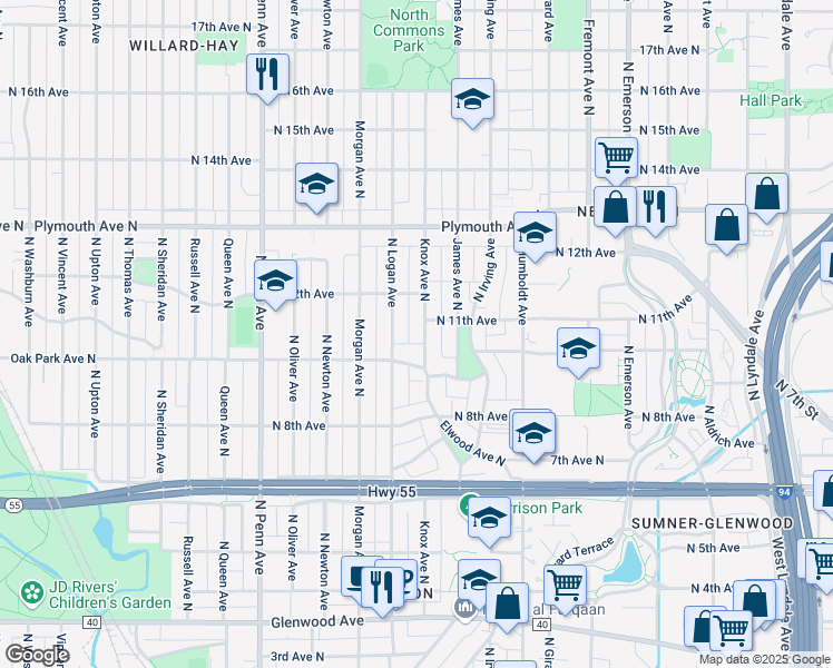 map of restaurants, bars, coffee shops, grocery stores, and more near 1000 Logan Avenue North in Minneapolis