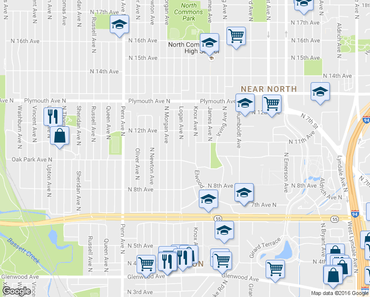map of restaurants, bars, coffee shops, grocery stores, and more near 1000 Logan Avenue North in Minneapolis