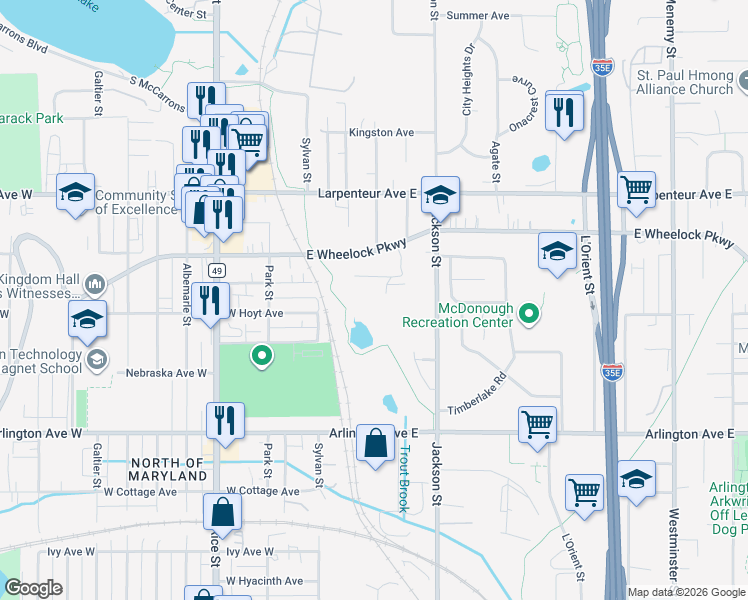map of restaurants, bars, coffee shops, grocery stores, and more near 1560 Wheelock Lane in Saint Paul