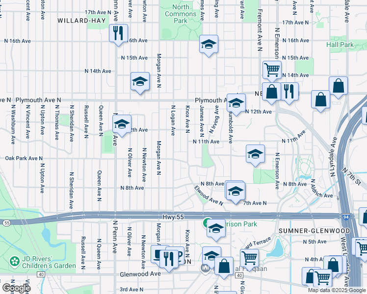 map of restaurants, bars, coffee shops, grocery stores, and more near 1000 Logan Avenue North in Minneapolis