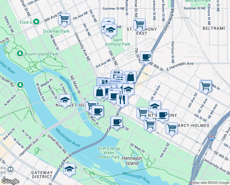 map of restaurants, bars, coffee shops, grocery stores, and more near 322 East Hennepin Avenue in Minneapolis