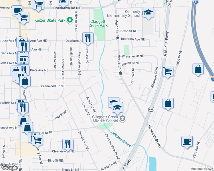 map of restaurants, bars, coffee shops, grocery stores, and more near 4356 Bonneville Avenue Northeast in Keizer
