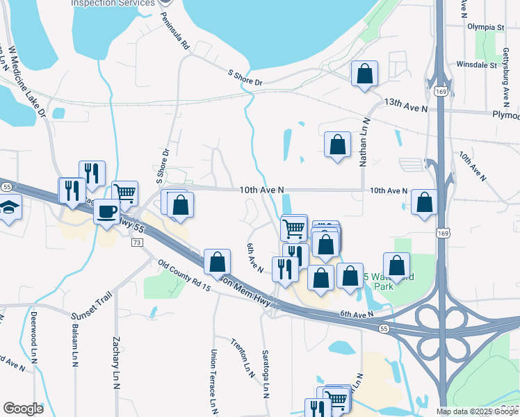 map of restaurants, bars, coffee shops, grocery stores, and more near 860 Trenton Lane North in Plymouth