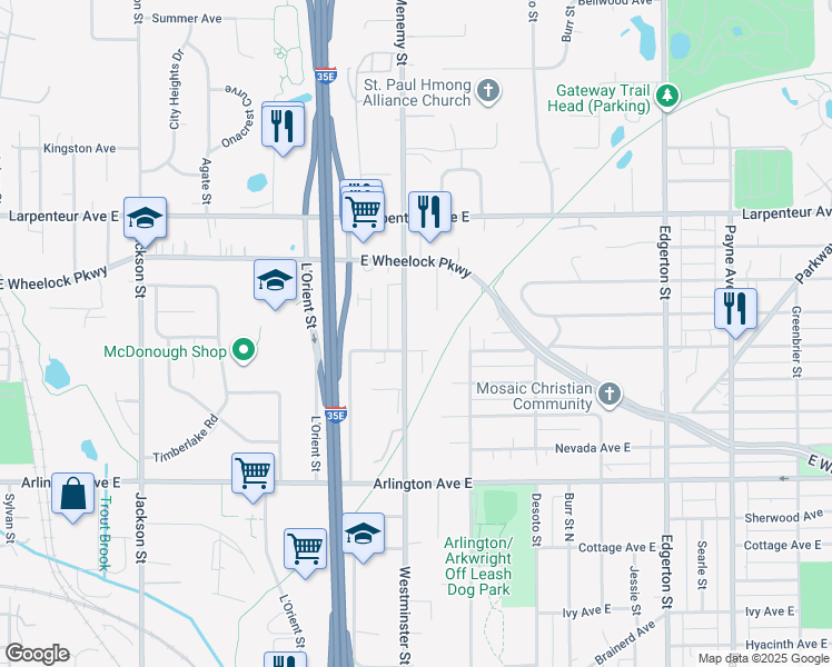 map of restaurants, bars, coffee shops, grocery stores, and more near 380 East Wheelock Parkway in Saint Paul