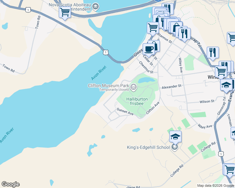 map of restaurants, bars, coffee shops, grocery stores, and more near 14 Lakeview Drive in Windsor