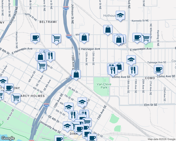 map of restaurants, bars, coffee shops, grocery stores, and more near 1201 Como Avenue Southeast in Minneapolis