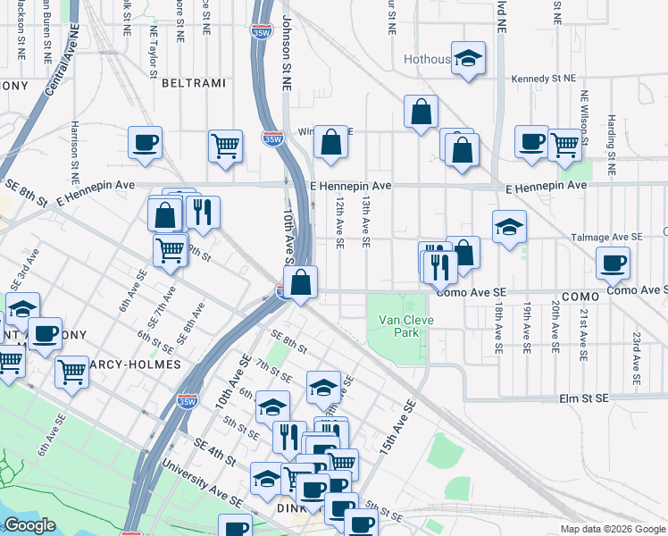 map of restaurants, bars, coffee shops, grocery stores, and more near 1100c Como Avenue Southeast in Minneapolis