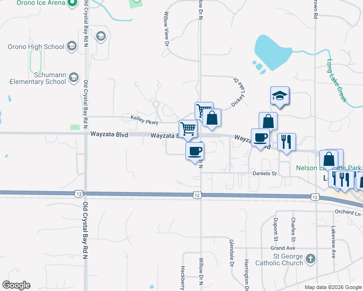 map of restaurants, bars, coffee shops, grocery stores, and more near 2420 West Industrial Boulevard in Long Lake
