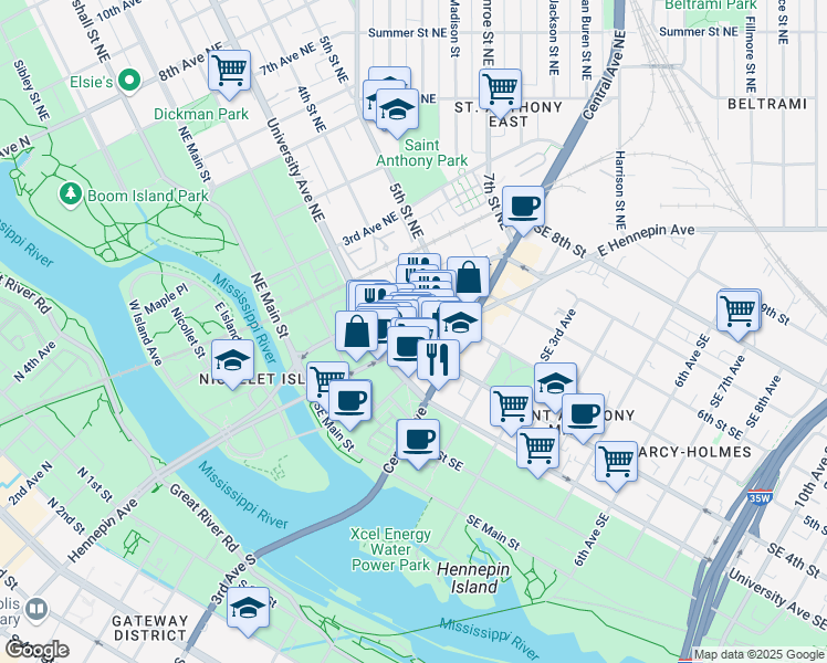 map of restaurants, bars, coffee shops, grocery stores, and more near 30 4th Street Northeast in Minneapolis
