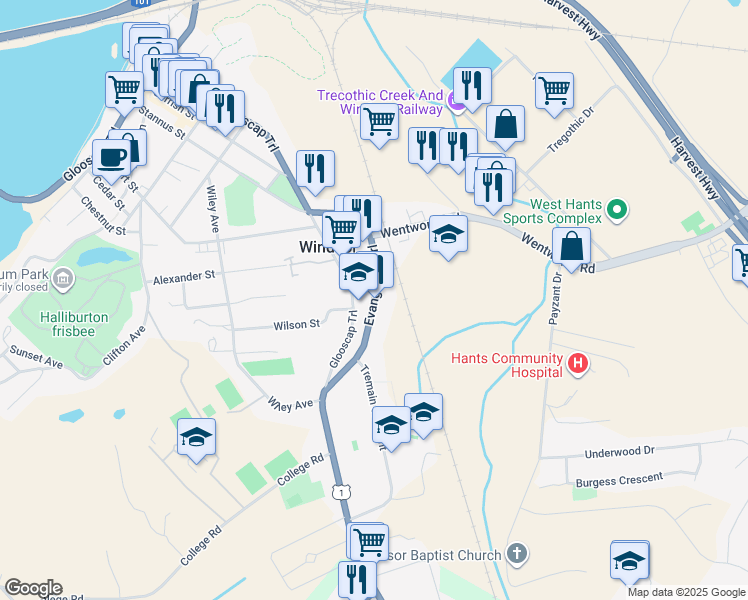 map of restaurants, bars, coffee shops, grocery stores, and more near O'Brien Street in Windsor