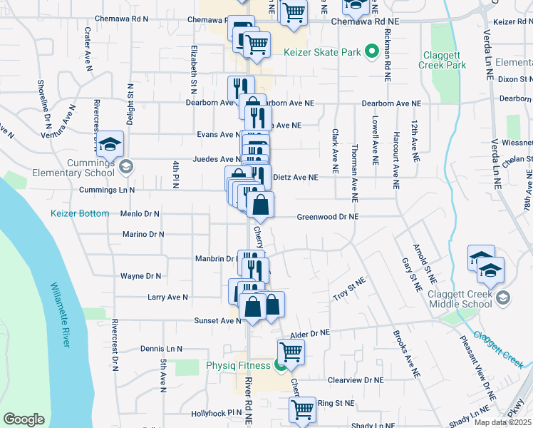 map of restaurants, bars, coffee shops, grocery stores, and more near 569 Greenwood Drive Northeast in Keizer