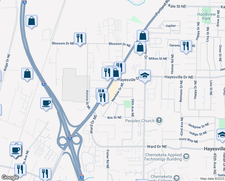 map of restaurants, bars, coffee shops, grocery stores, and more near 4629 Nandale Drive Northeast in Salem