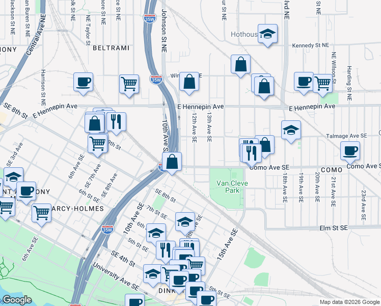 map of restaurants, bars, coffee shops, grocery stores, and more near 1100c Como Avenue Southeast in Minneapolis