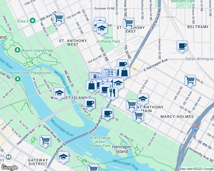 map of restaurants, bars, coffee shops, grocery stores, and more near 322 East Hennepin Avenue in Minneapolis