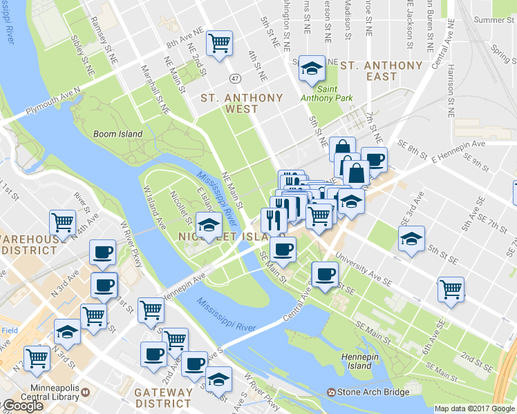 map of restaurants, bars, coffee shops, grocery stores, and more near 100 1st Avenue Northeast in Minneapolis