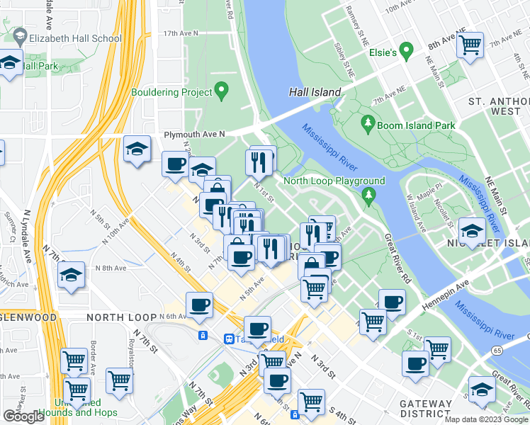 map of restaurants, bars, coffee shops, grocery stores, and more near 600 North 2nd Avenue in Minneapolis