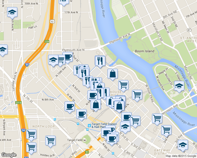 map of restaurants, bars, coffee shops, grocery stores, and more near 616 North Washington Avenue in Minneapolis