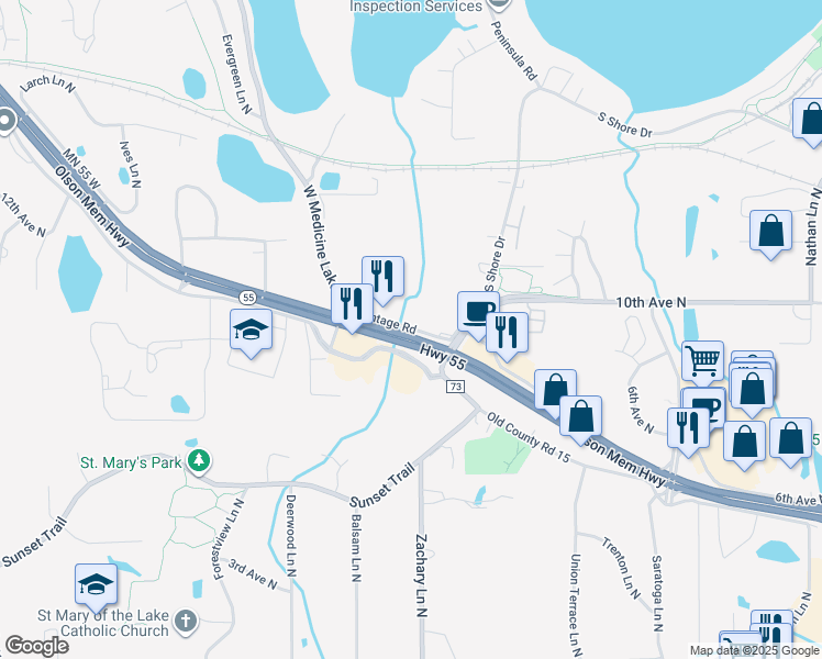 map of restaurants, bars, coffee shops, grocery stores, and more near Minnesota 55 Service Rd in Plymouth