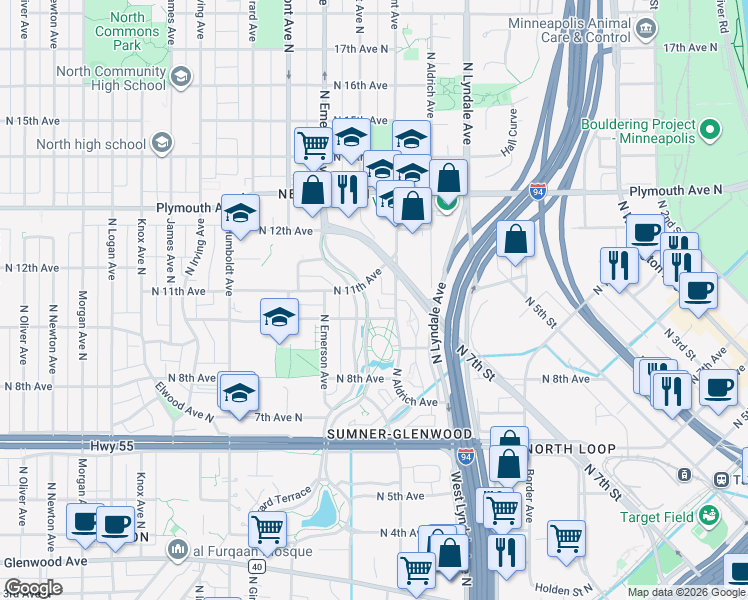 map of restaurants, bars, coffee shops, grocery stores, and more near 901 North Aldrich Avenue in Minneapolis