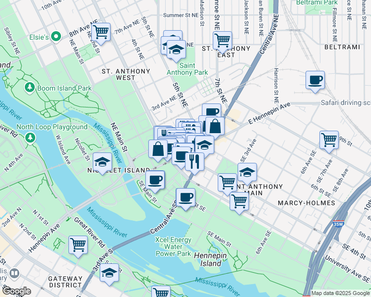 map of restaurants, bars, coffee shops, grocery stores, and more near 30 4th Street Northeast in Minneapolis