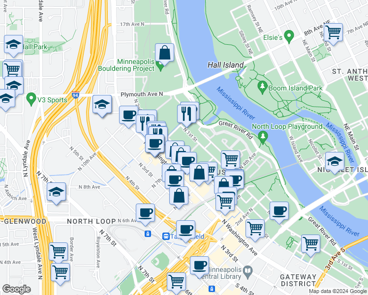 map of restaurants, bars, coffee shops, grocery stores, and more near 680 North 2nd Street in Minneapolis
