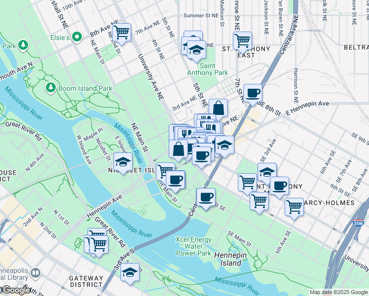 map of restaurants, bars, coffee shops, grocery stores, and more near 309 1st Avenue Northeast in Minneapolis