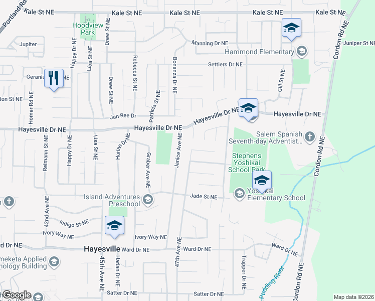 map of restaurants, bars, coffee shops, grocery stores, and more near 4675 Hayesville Court Northeast in Salem