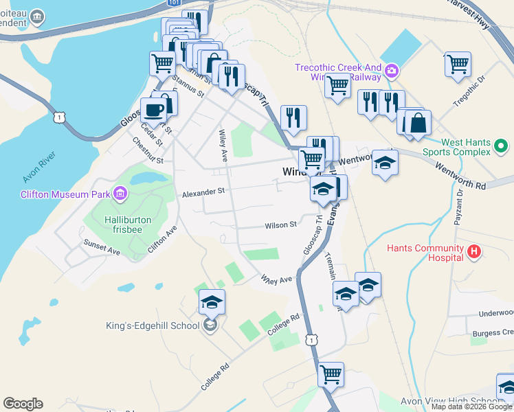 map of restaurants, bars, coffee shops, grocery stores, and more near 402 Highland Avenue in Windsor