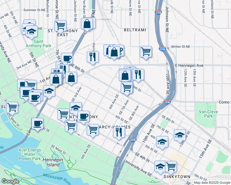 map of restaurants, bars, coffee shops, grocery stores, and more near 509 Southeast 8th Street in Minneapolis