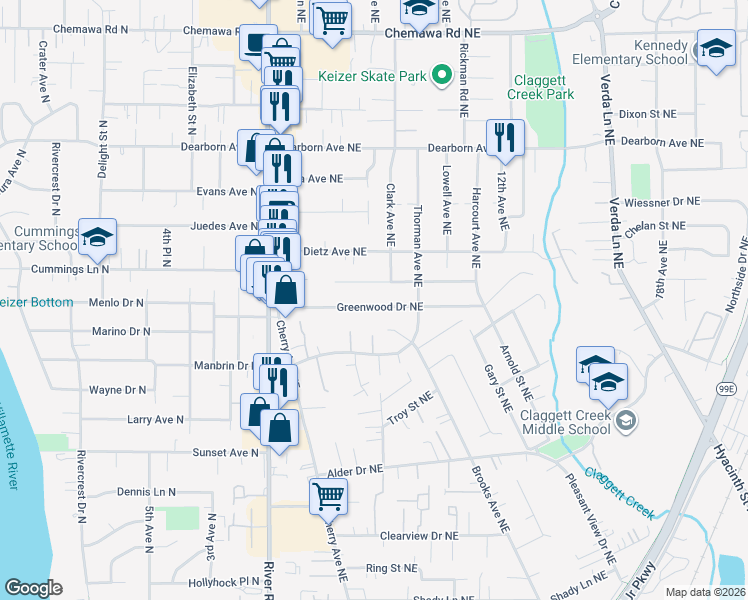 map of restaurants, bars, coffee shops, grocery stores, and more near 811 Ivy Way Northeast in Keizer