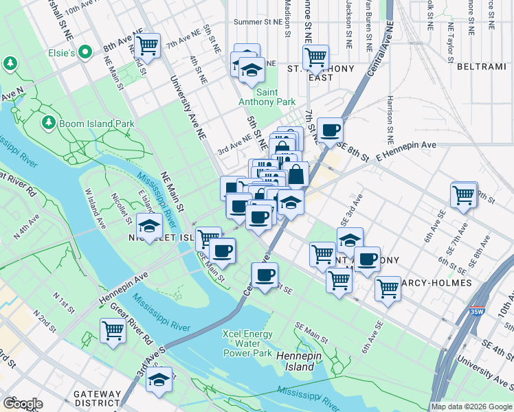 map of restaurants, bars, coffee shops, grocery stores, and more near 333 East Hennepin Avenue in Minneapolis