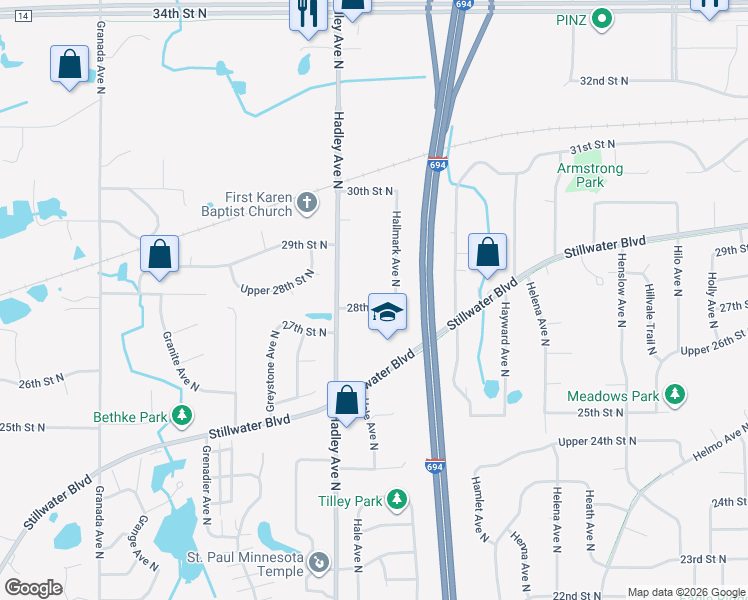 map of restaurants, bars, coffee shops, grocery stores, and more near 2872 Hallmark Avenue North in Oakdale