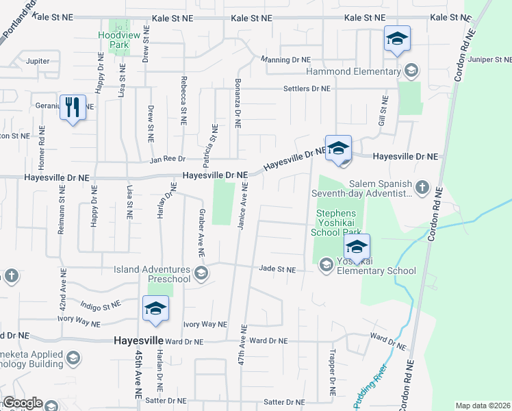 map of restaurants, bars, coffee shops, grocery stores, and more near 4675 Hayesville Court Northeast in Salem