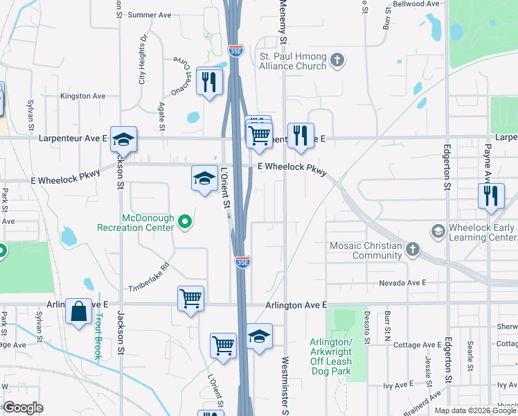 map of restaurants, bars, coffee shops, grocery stores, and more near 1607 Sloan Street in Saint Paul