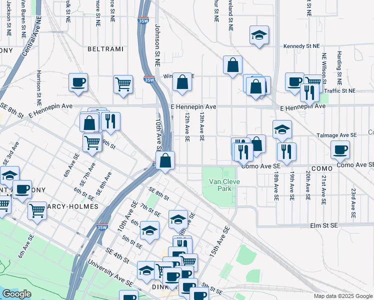 map of restaurants, bars, coffee shops, grocery stores, and more near 1057 13th Avenue Southeast in Minneapolis