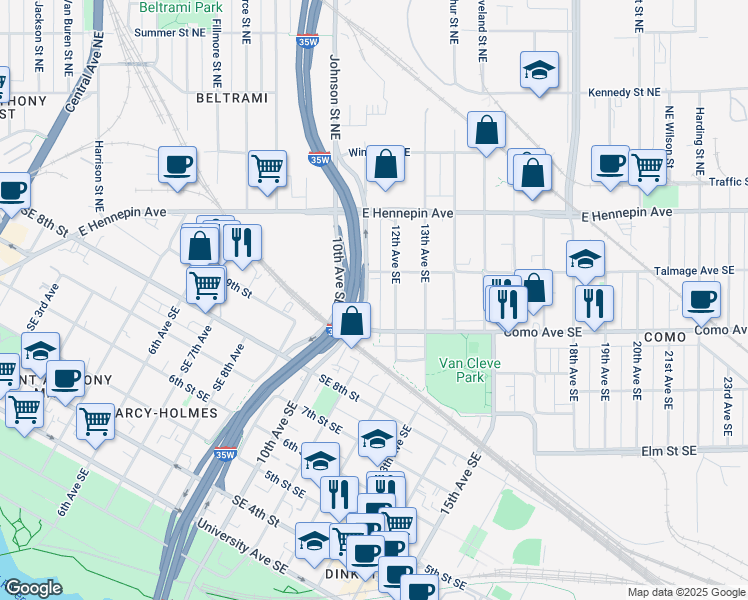 map of restaurants, bars, coffee shops, grocery stores, and more near 1054 11th Avenue Southeast in Minneapolis