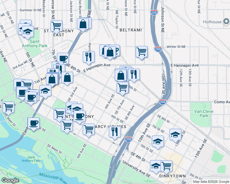 map of restaurants, bars, coffee shops, grocery stores, and more near 509 Southeast 8th Street in Minneapolis
