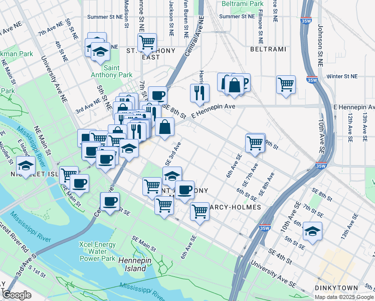 map of restaurants, bars, coffee shops, grocery stores, and more near 630 Southeast 3rd Avenue in Minneapolis