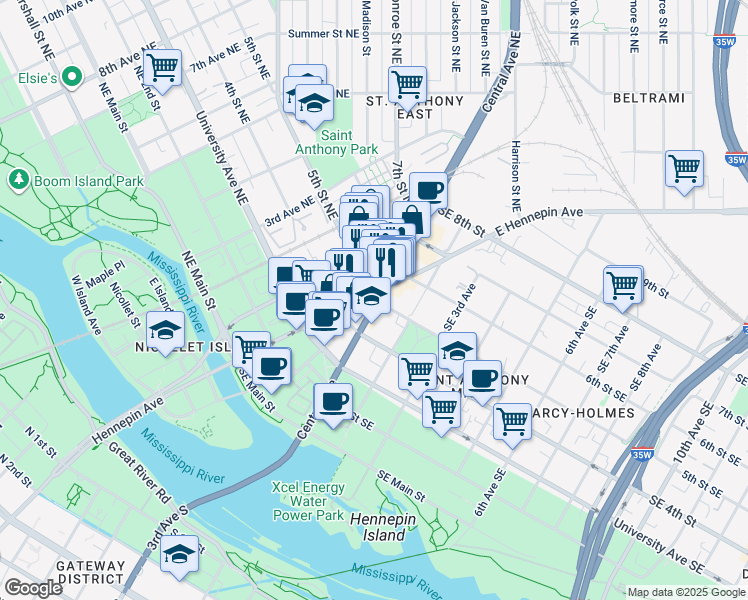 map of restaurants, bars, coffee shops, grocery stores, and more near 513 Central Avenue Southeast in Minneapolis