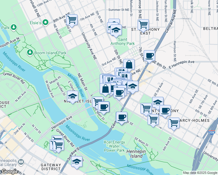 map of restaurants, bars, coffee shops, grocery stores, and more near 309 1st Avenue Northeast in Minneapolis