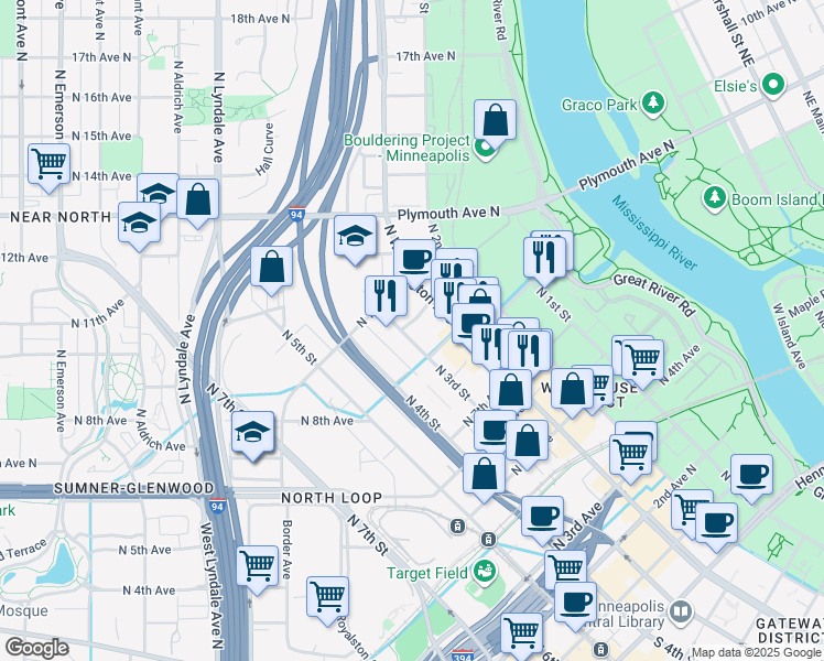 map of restaurants, bars, coffee shops, grocery stores, and more near 800 North 3rd Street in Minneapolis
