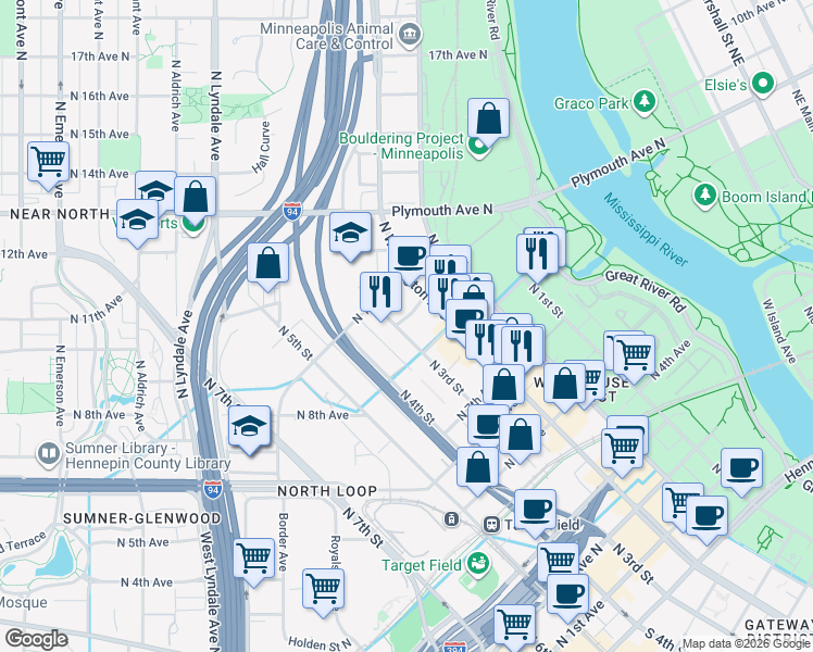 map of restaurants, bars, coffee shops, grocery stores, and more near 218 9th Avenue North in Minneapolis