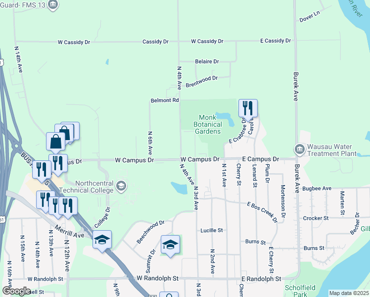 map of restaurants, bars, coffee shops, grocery stores, and more near 1821 North 4th Avenue in Wausau