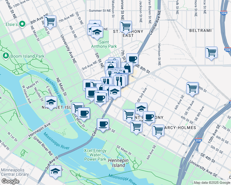 map of restaurants, bars, coffee shops, grocery stores, and more near 513 Central Avenue Southeast in Minneapolis