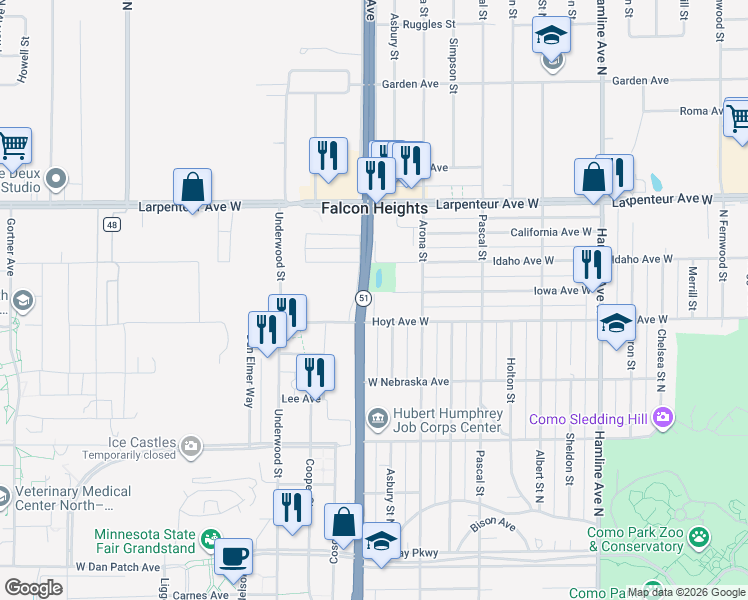map of restaurants, bars, coffee shops, grocery stores, and more near 1701 Snelling Drive in Falcon Heights