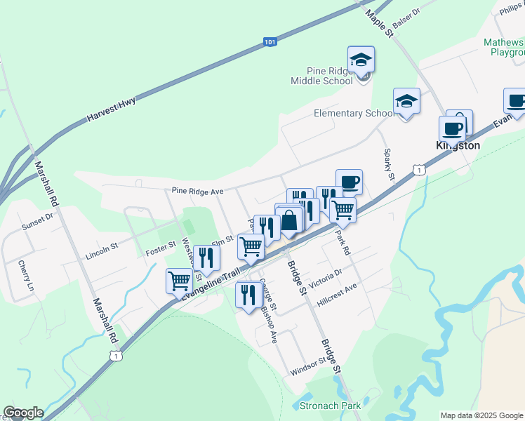 map of restaurants, bars, coffee shops, grocery stores, and more near 493 Bill Street in Kingston
