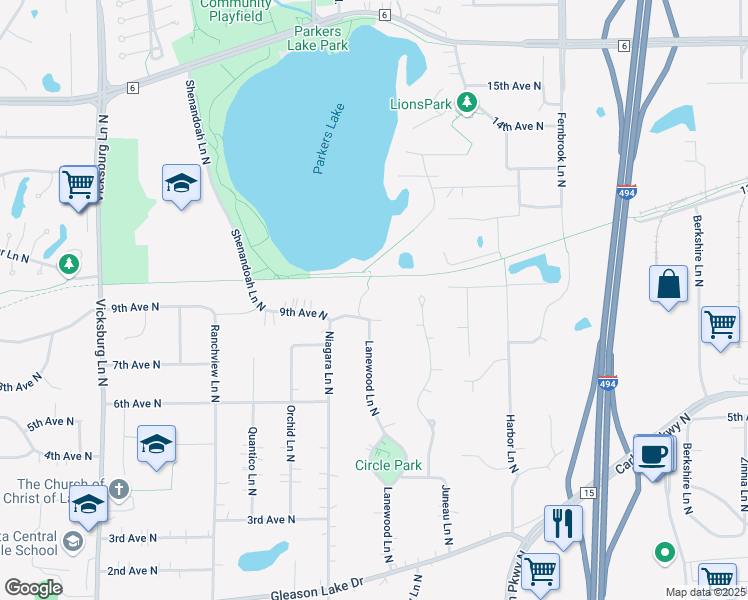 map of restaurants, bars, coffee shops, grocery stores, and more near 920 Minnesota Lane North in Plymouth